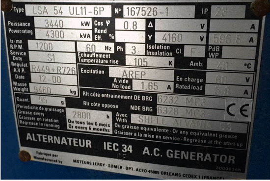 Leroy Somer Generator Data Tag